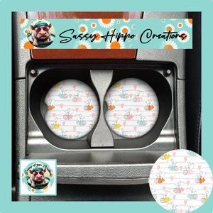 Car Coasters Colorful Striped Bumble Bees Pink Hearts Set of 2 Neoprene Absorb